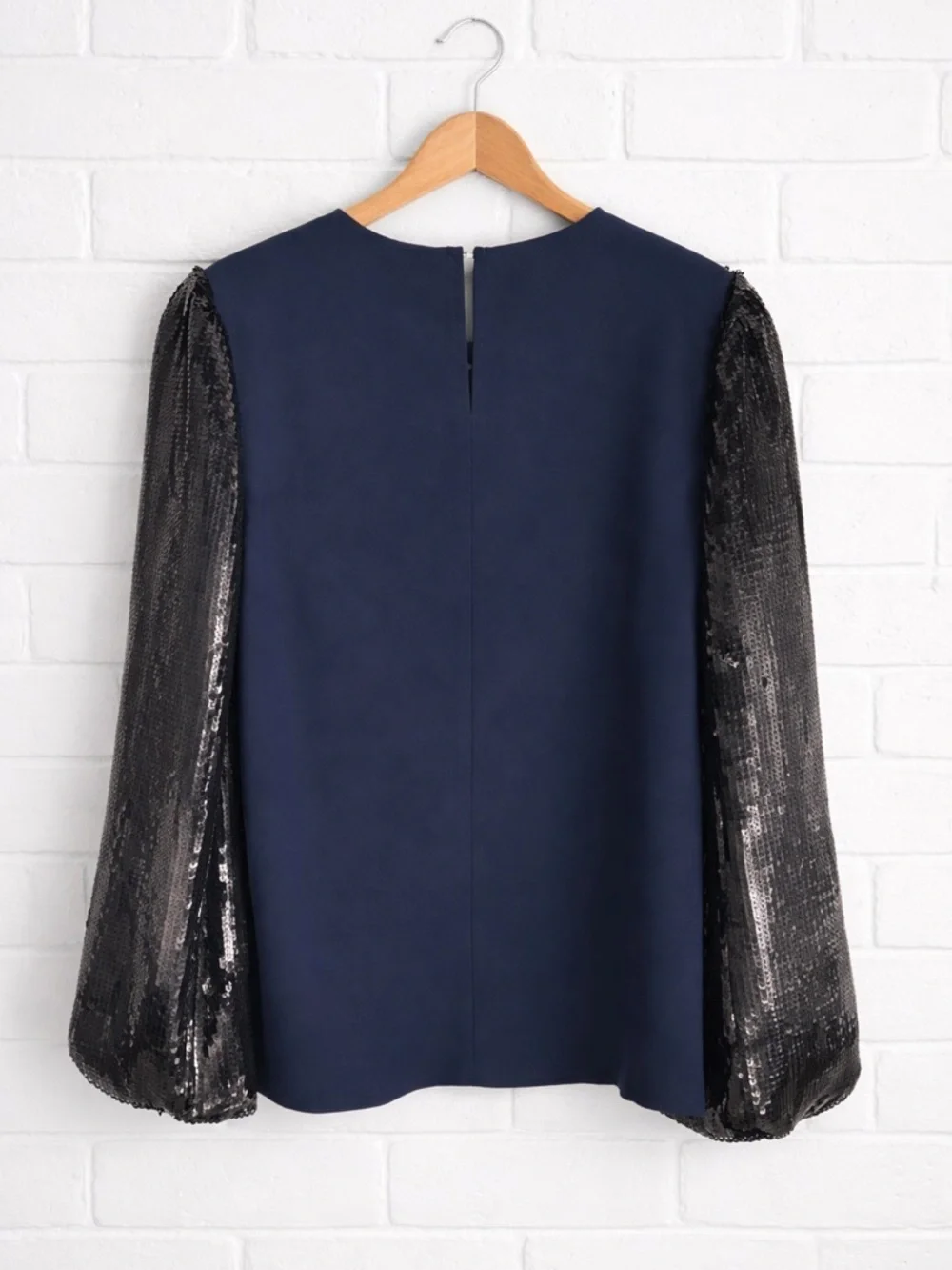 J.Crew Sequin Sleeve Crepe Blouse Navy Black NWT Size Small - Picture 4 of 6